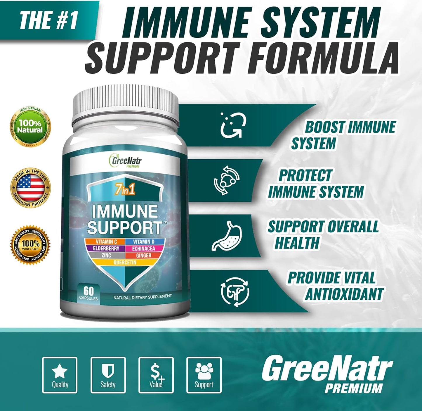 7-in-1 Immune Support Supplement with Vitamin C, D3, Zinc, Quercetin, Echinacea, Elderberry, and Ginger - 60 Capsules x 6