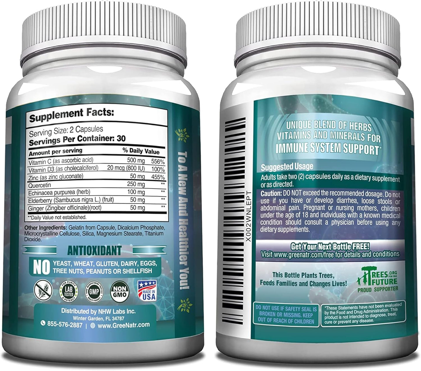 7-in-1 Immune Support Supplement with Vitamin C, D3, Zinc, Quercetin, Echinacea, Elderberry, and Ginger - 60 Capsules x 6