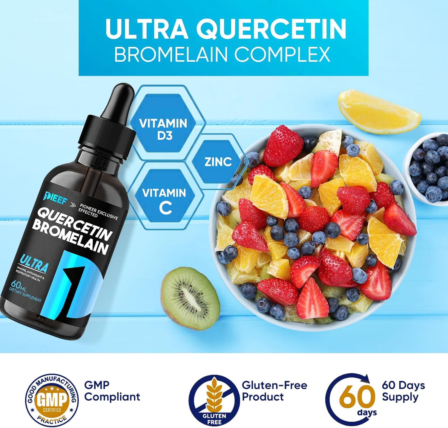 7-in-1 Quercetin Liquid Drops with Zinc for Respiratory Health and Immune Support - 1000mg Quercetin Supplements with Bromelain