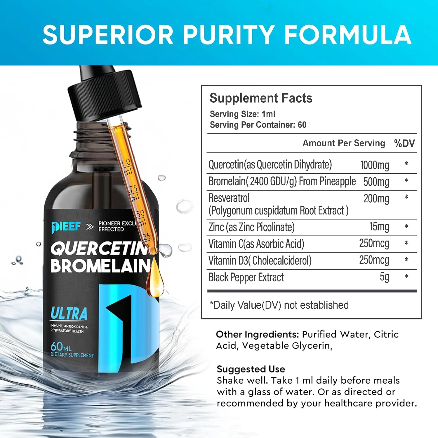 7-in-1 Quercetin Liquid Drops with Zinc for Respiratory Health and Immune Support - 1000mg Quercetin Supplements with Bromelain