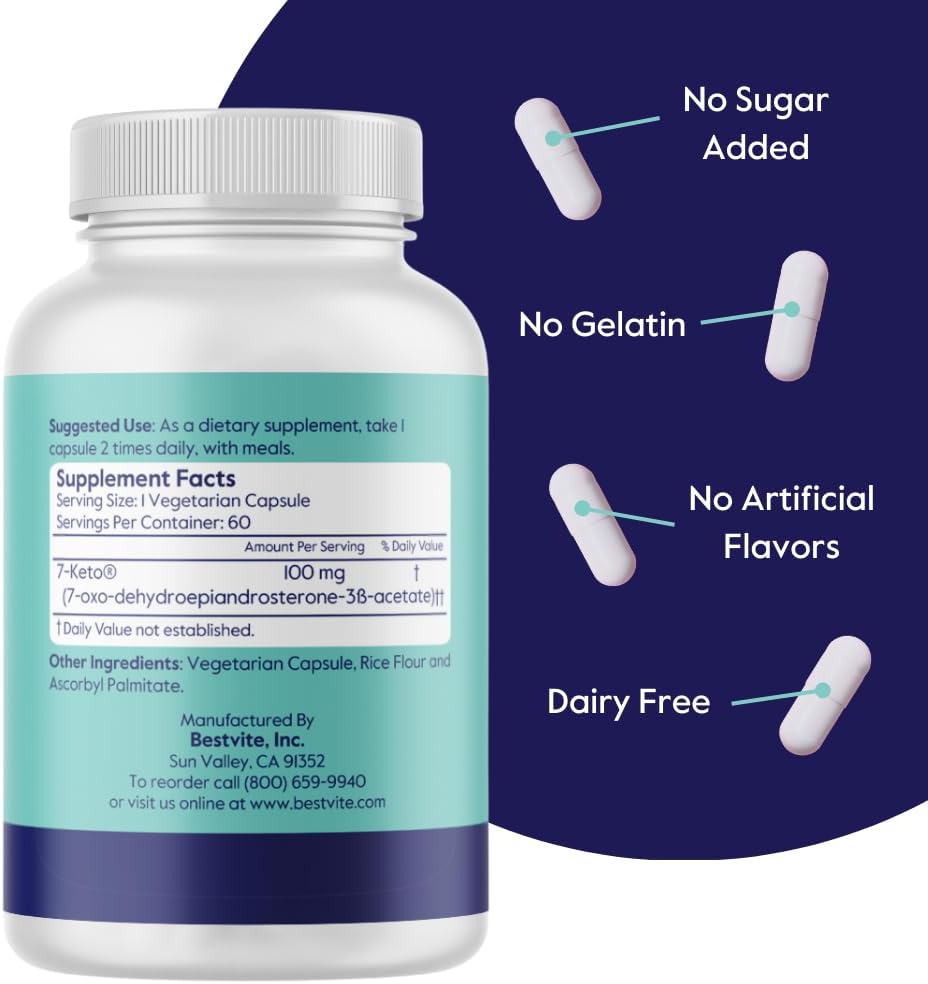 7-Keto DHEA 100mg Supplement (60 Vegetarian Capsules) - No Stearates, High Quality Formula by BESTVITE