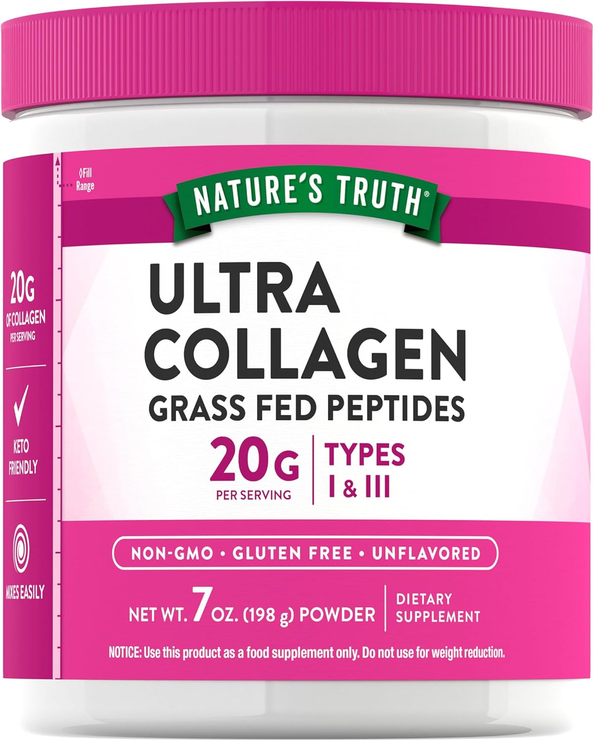 7 oz Nature's Truth Collagen Powder - Type I & III, Grass Fed Peptides, Keto Friendly, Unflavored - Non-GMO & Gluten Free