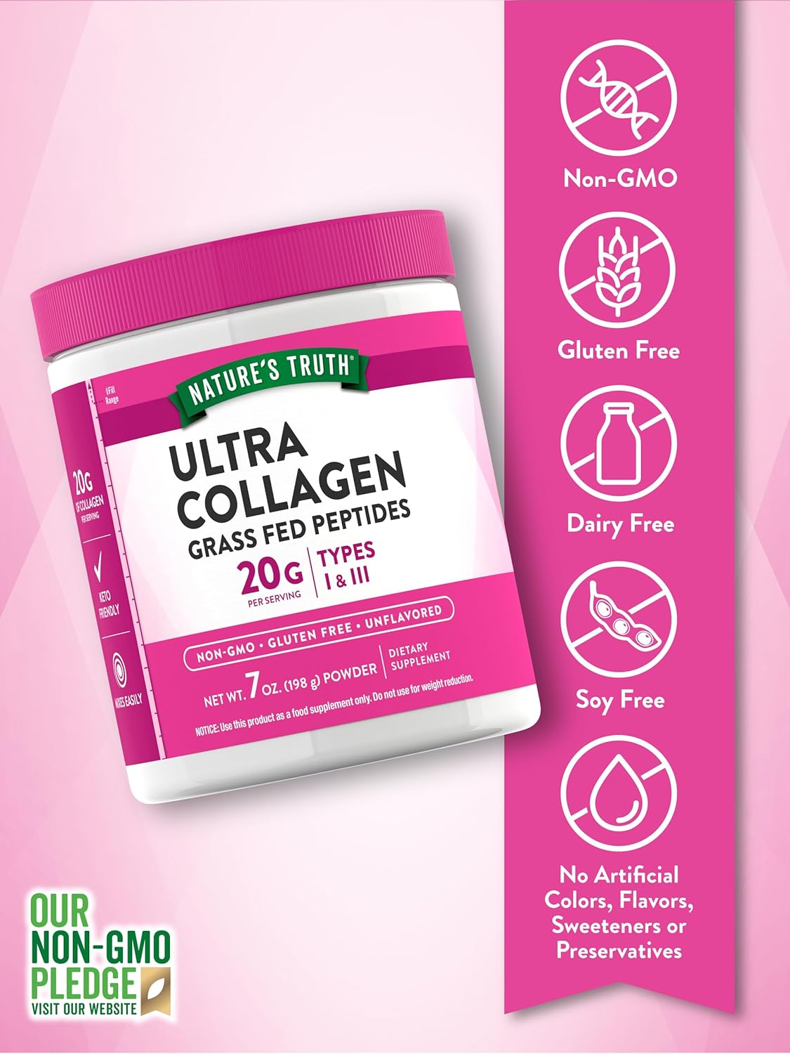 7 oz Nature's Truth Collagen Powder - Type I & III, Grass Fed Peptides, Keto Friendly, Unflavored - Non-GMO & Gluten Free