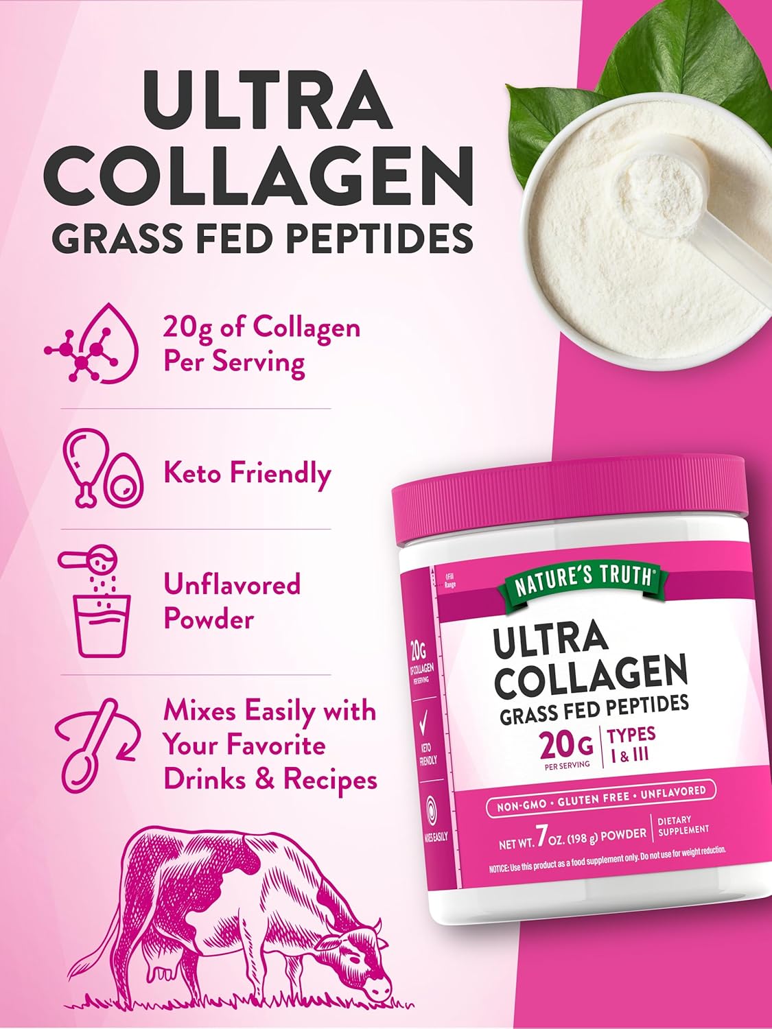 7 oz Nature's Truth Collagen Powder - Type I & III, Grass Fed Peptides, Keto Friendly, Unflavored - Non-GMO & Gluten Free