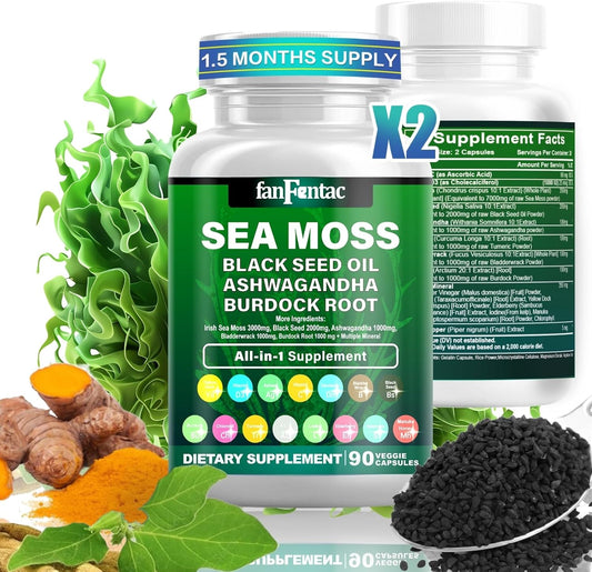 7000mg Sea Moss & Black Seed Oil Capsules with Ashwagandha, Bladderwrack, Turmeric, Burdock, Vitamin C, D3, Minerals - 180 Count