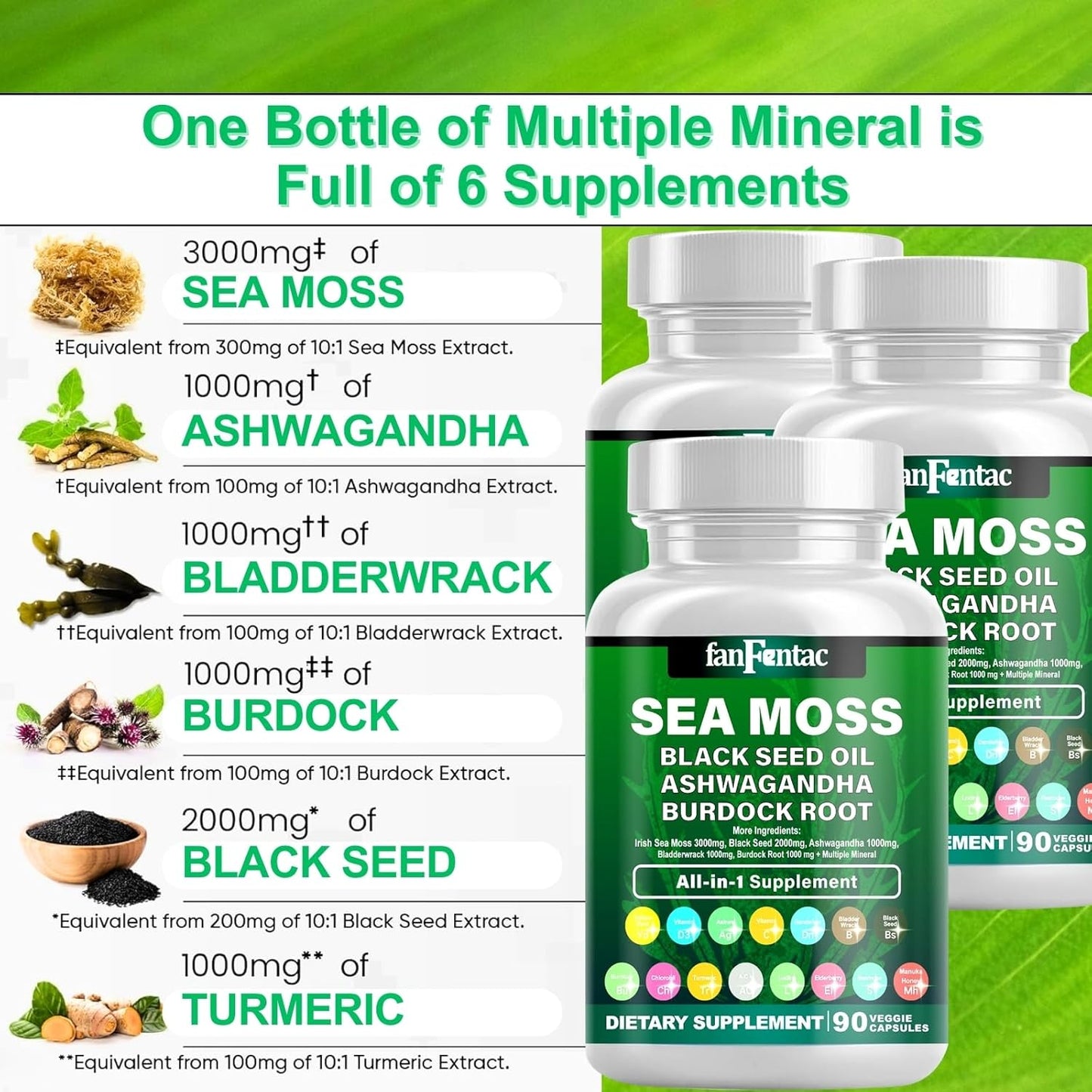 7000mg Sea Moss & Black Seed Oil Capsules with Ashwagandha, Bladderwrack, Turmeric, Burdock, Vitamin C, D3, Minerals - 180 Count