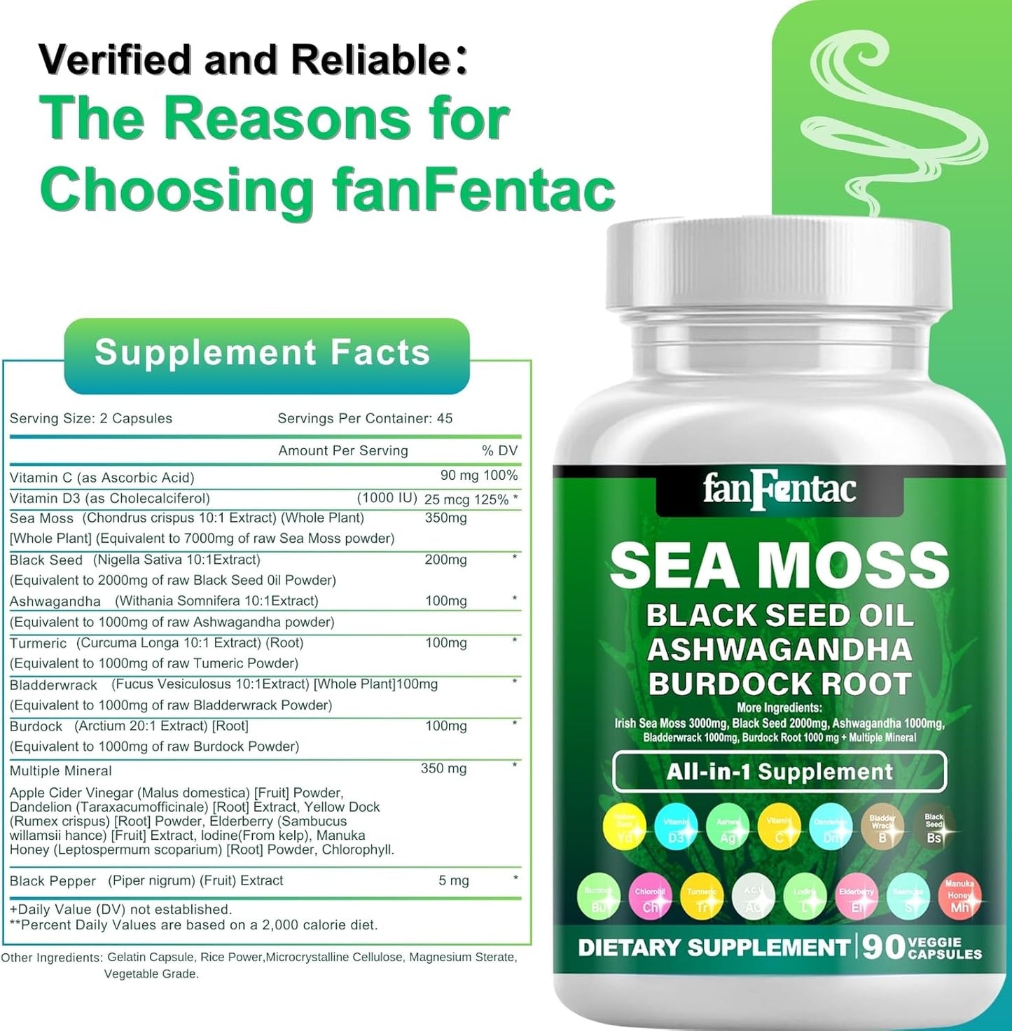 7000mg Sea Moss & Black Seed Oil Capsules with Ashwagandha, Bladderwrack, Turmeric, Burdock, Vitamin C, D3, Minerals - 180 Count