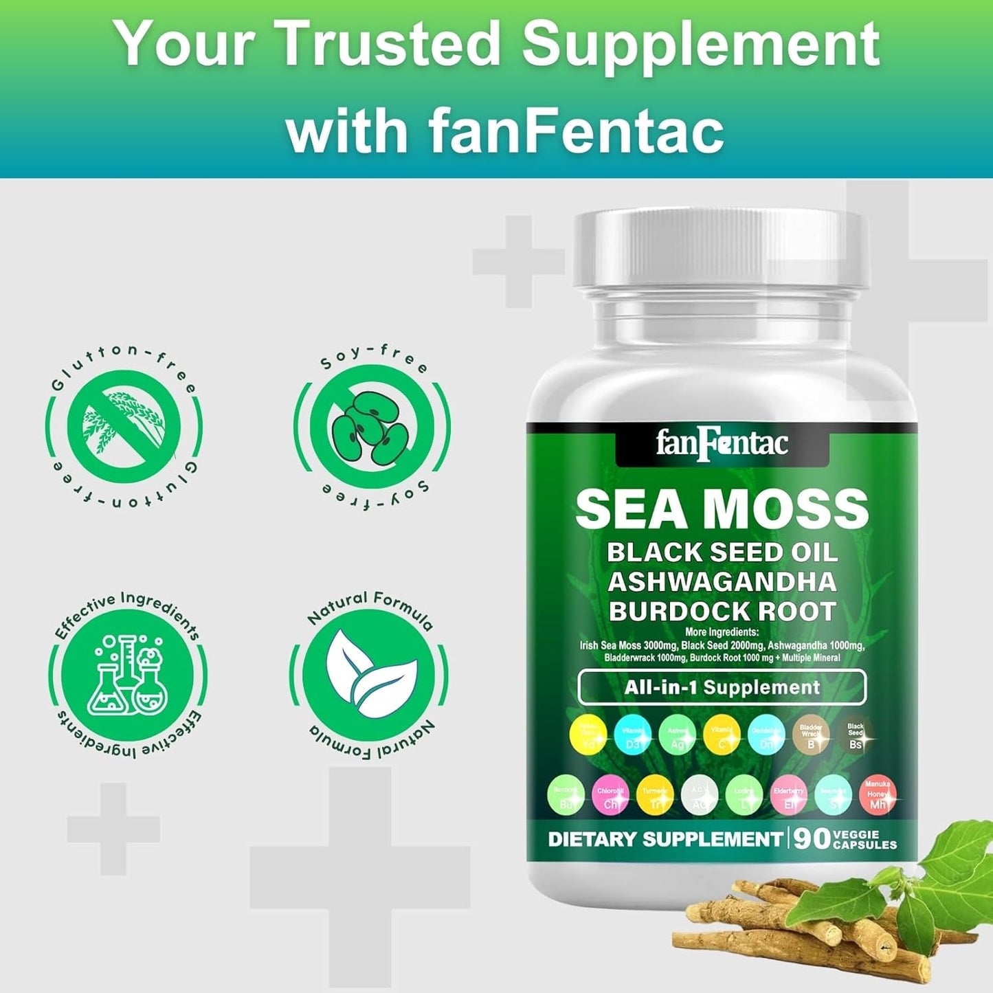 7000mg Sea Moss & Black Seed Oil Capsules with Ashwagandha, Bladderwrack, Turmeric, Burdock, Vitamin C, D3, Minerals - 180 Count