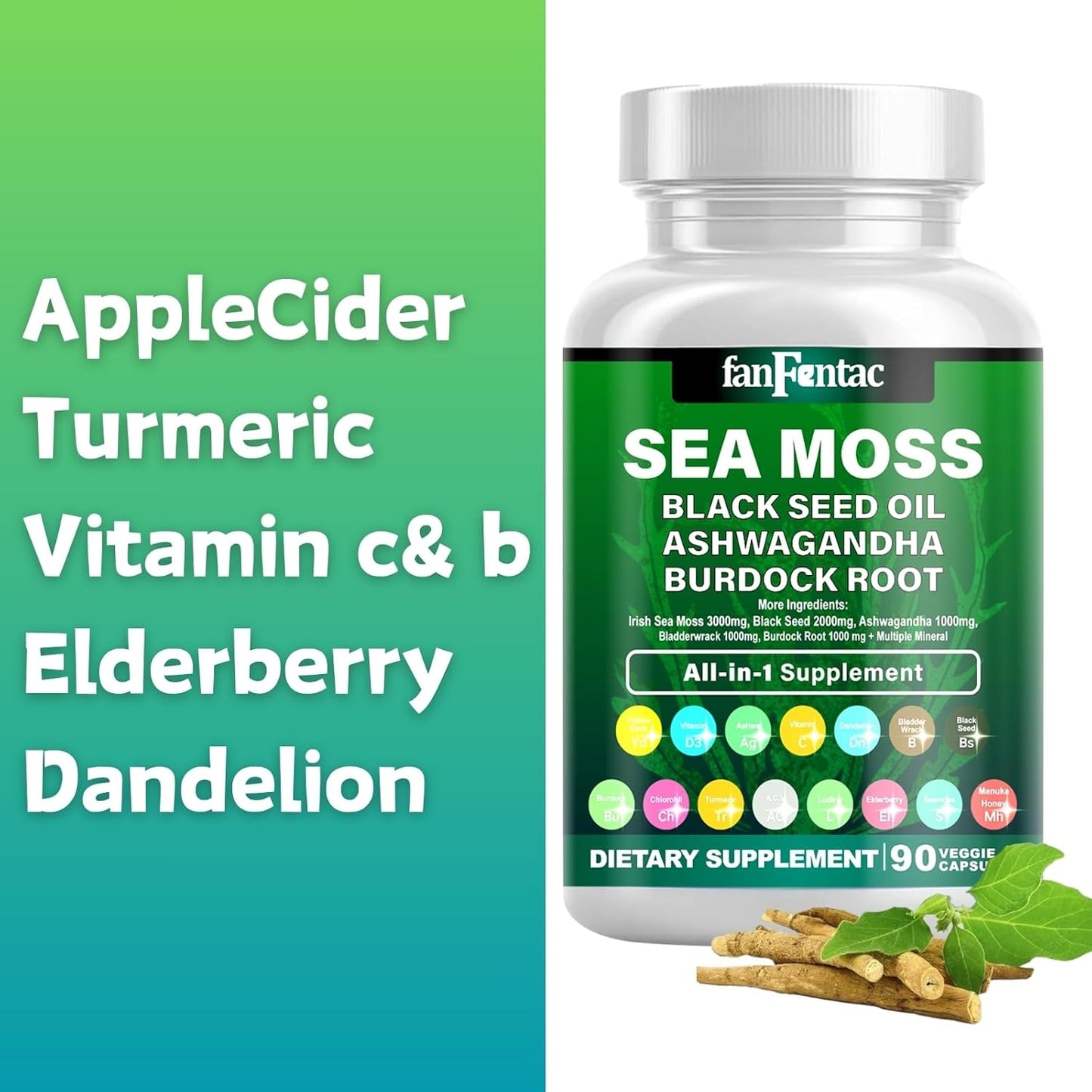 7000mg Sea Moss & Black Seed Oil Capsules with Ashwagandha, Bladderwrack, Turmeric, Burdock, Vitamin C, D3, Minerals - 180 Count