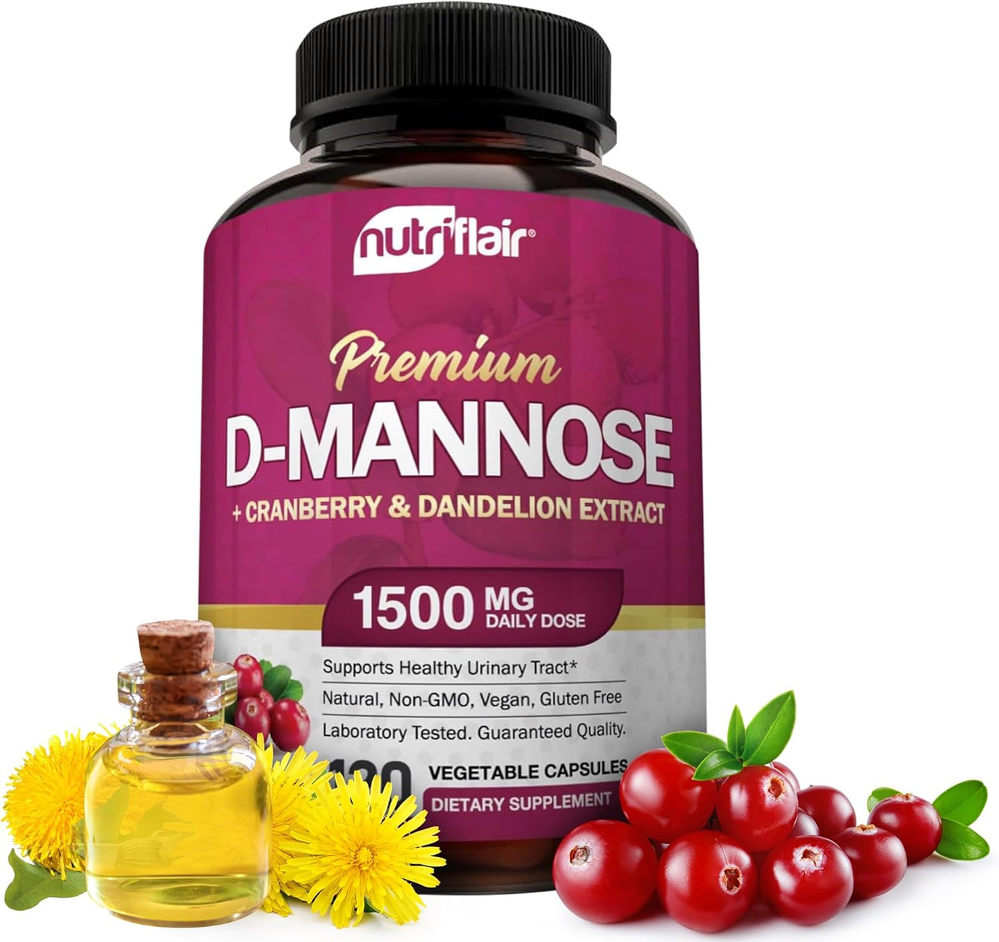 D-Mannose 1200mg Capsules with Cranberry and Dandelion - Natural UTI Support - Vegan Formula - 120 Capsules