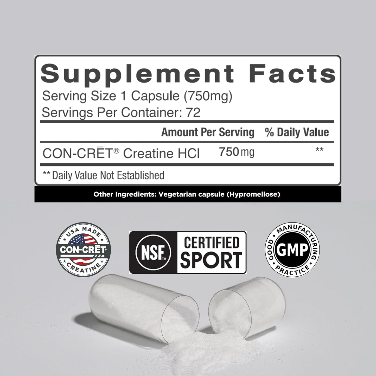 72ct CON-CRET Creatine HCl Capsules for Muscle, Cognitive, and Cellular Energy Support - No Bloating or Cramps - USA Made & NSF Certified