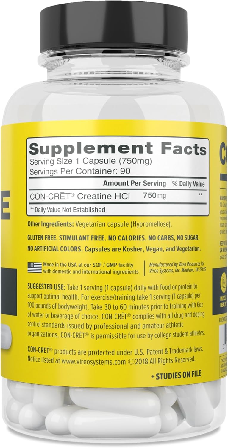 72ct CON-CRET Creatine HCl Capsules for Muscle, Cognitive, and Cellular Energy Support - No Bloating or Cramps - USA Made & NSF Certified