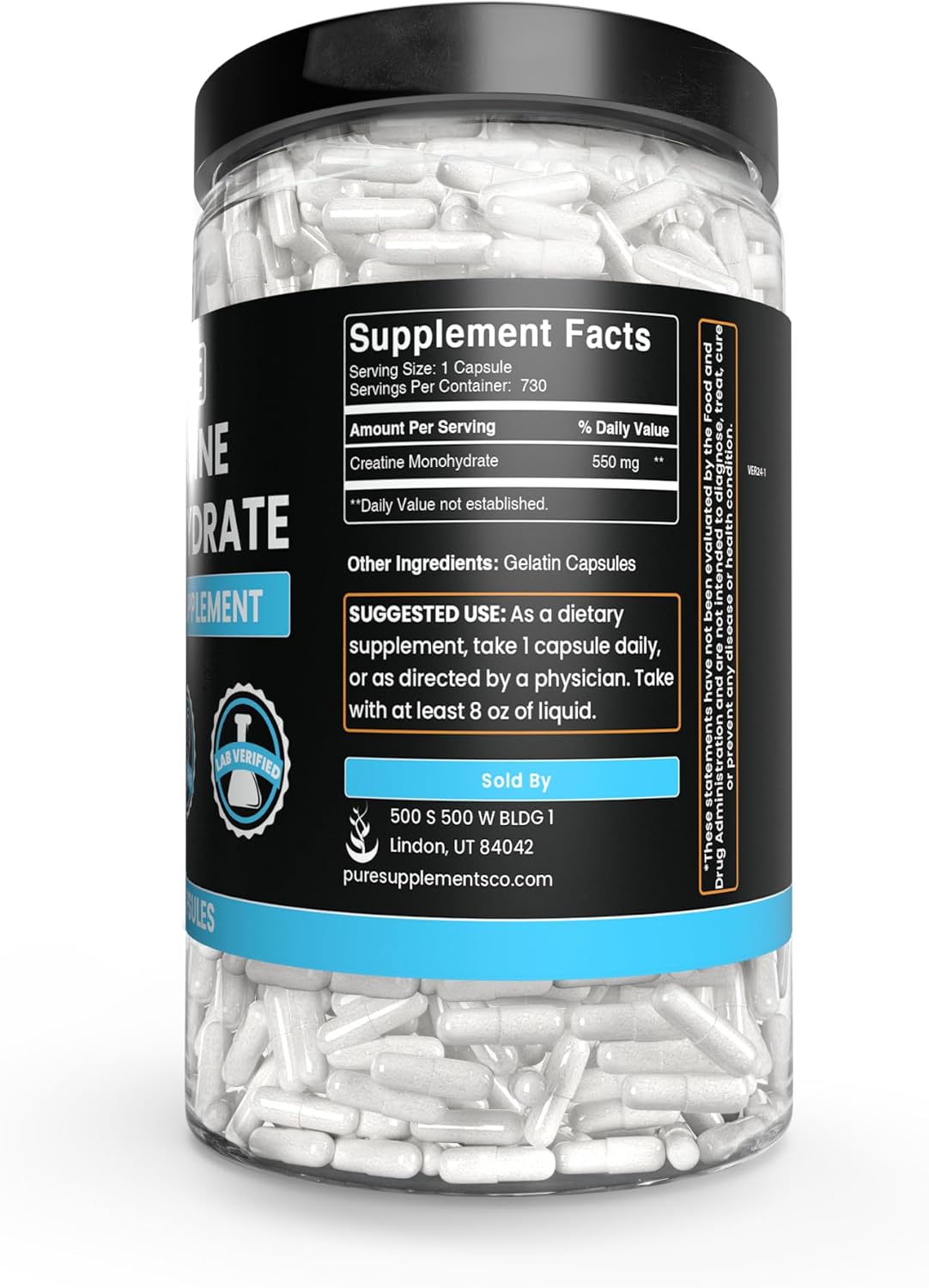 730 Capsules Pure Creatine Monohydrate with No Magnesium or Rice Fillers - Lab Verified