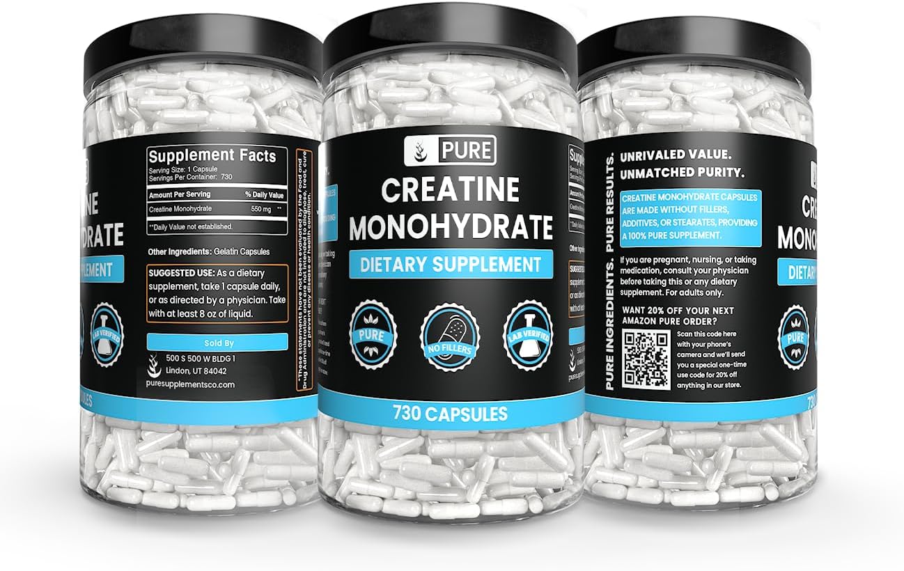 730 Capsules Pure Creatine Monohydrate with No Magnesium or Rice Fillers - Lab Verified