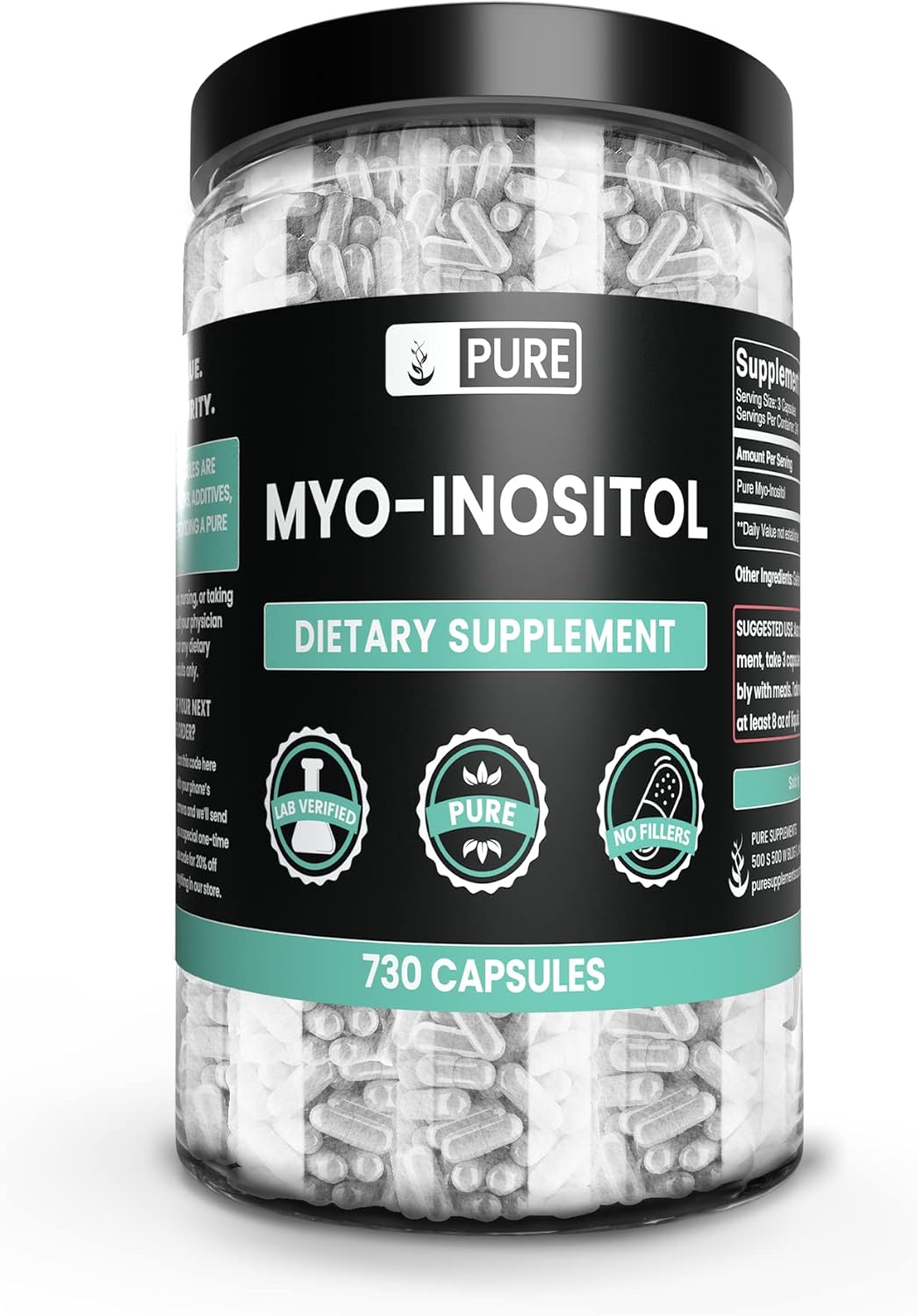730 Capsules Pure Myo-Inositol with No Magnesium or Rice Fillers - Lab Verified and Always Pure