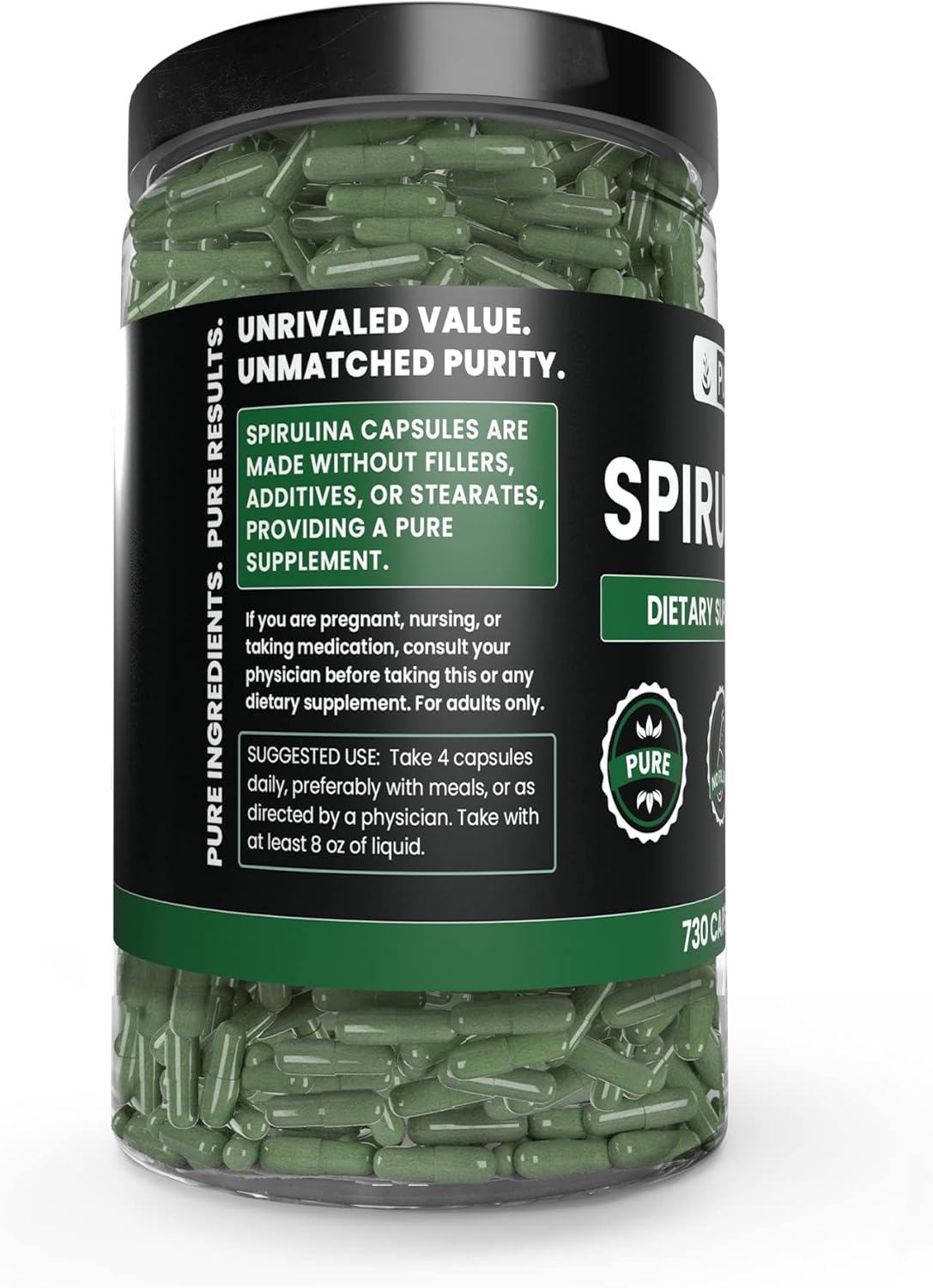 730 Pure Spirulina Capsules - No Magnesium or Rice Fillers, Lab Verified, Always Original Ingredients