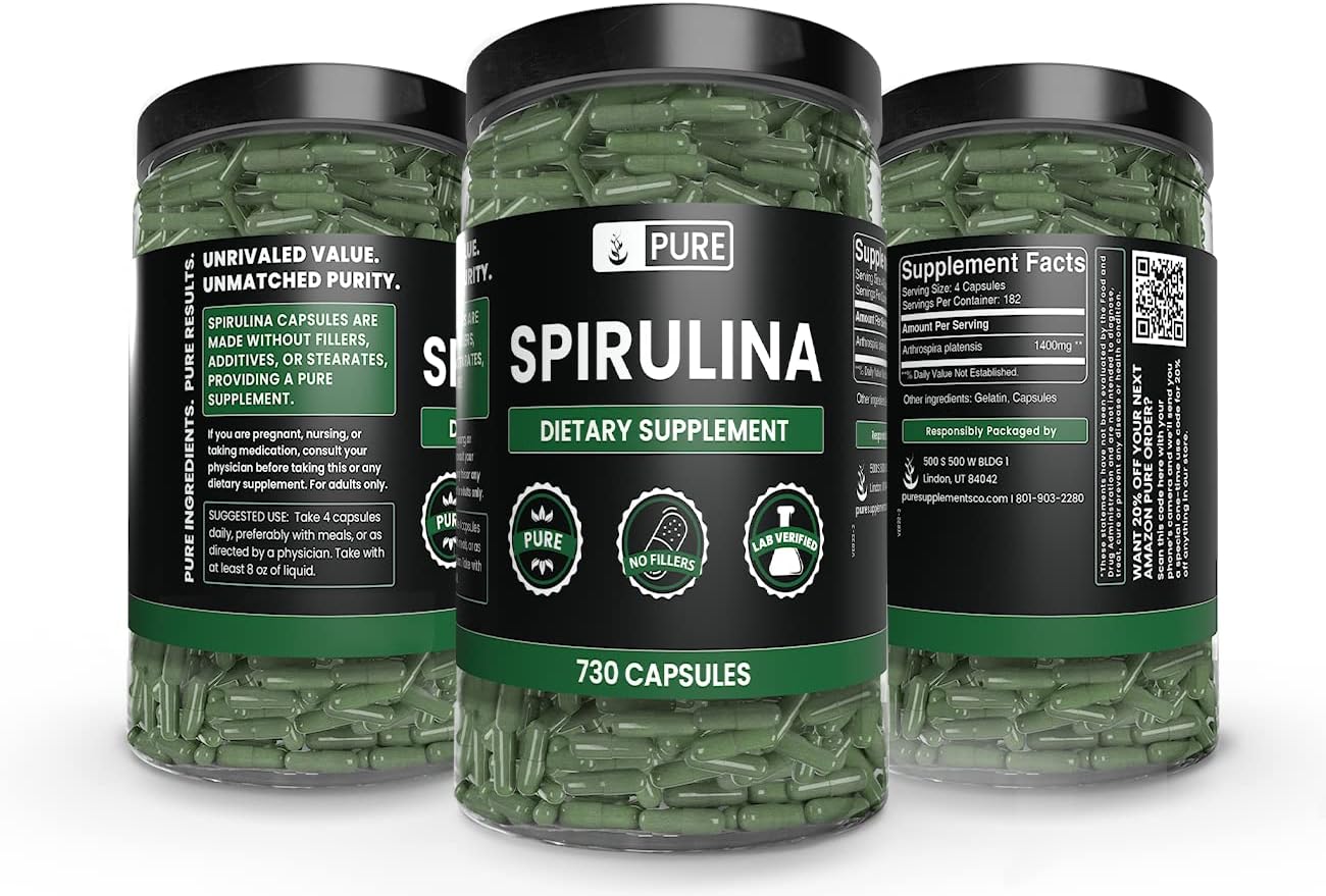 730 Pure Spirulina Capsules - No Magnesium or Rice Fillers, Lab Verified, Always Original Ingredients