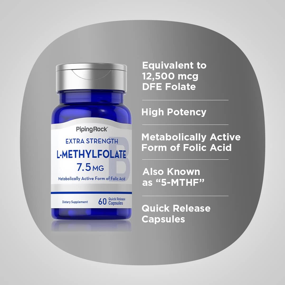 7.5 mg L-Methylfolate Capsules - 60 Count | Extra Strength Folic Acid Supplement | Non-GMO, Gluten Free by Piping Rock