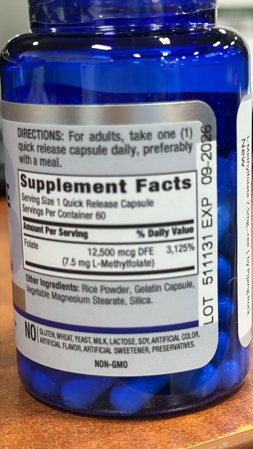 7.5 mg L-Methylfolate Capsules - 60 Count | Extra Strength Folic Acid Supplement | Non-GMO, Gluten Free by Piping Rock