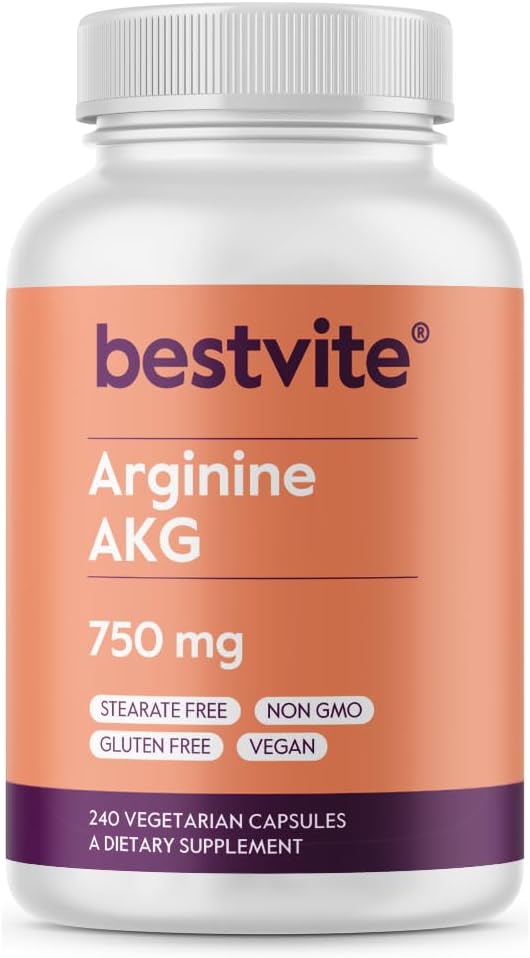 750mg Arginine AKG Supplement (240 Vegan Capsules) - Non-GMO, Gluten Free, No Stearates - BESTVITE