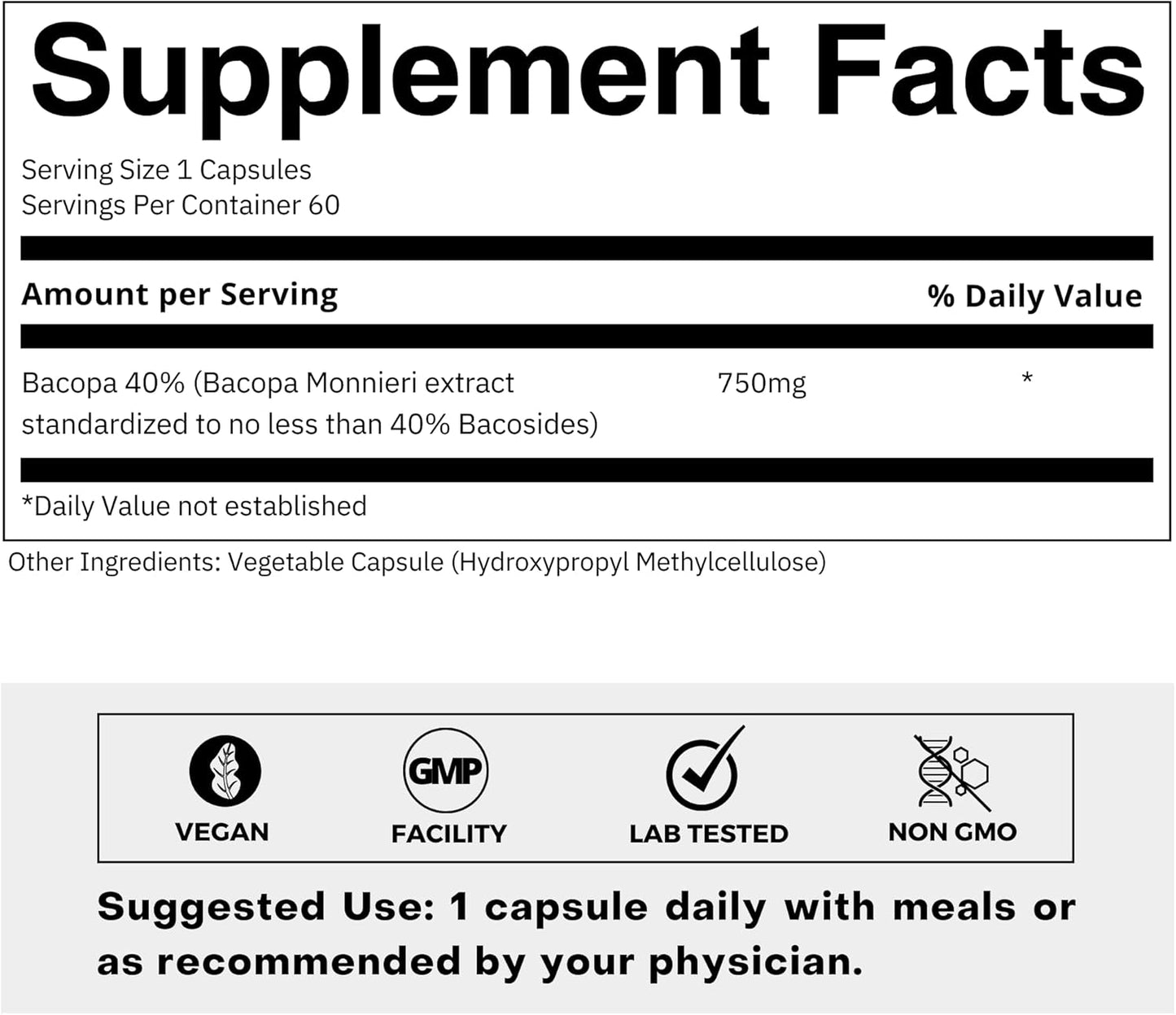 750mg Bacopa Monnieri Capsules - 40% Bacosides - Herbal Supplement - 60 Capsules by FOLIUS LABS