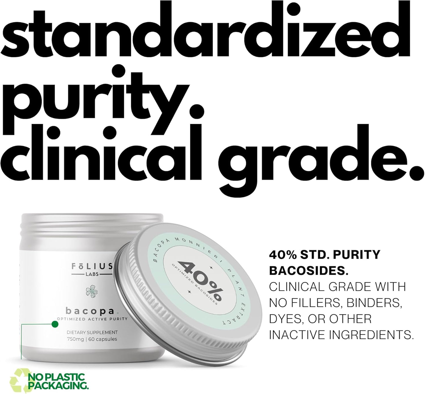 750mg Bacopa Monnieri Capsules - 40% Bacosides - Herbal Supplement - 60 Capsules by FOLIUS LABS