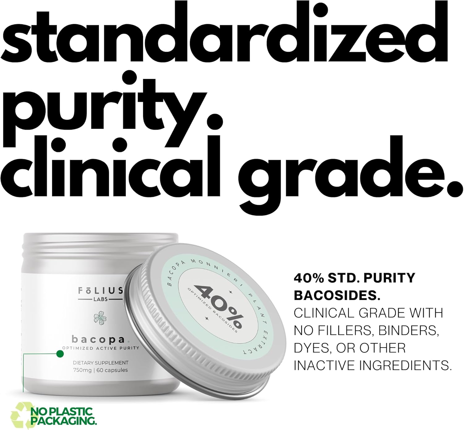 750mg Bacopa Monnieri Capsules - 40% Bacosides - Herbal Supplement - 60 Capsules by FOLIUS LABS