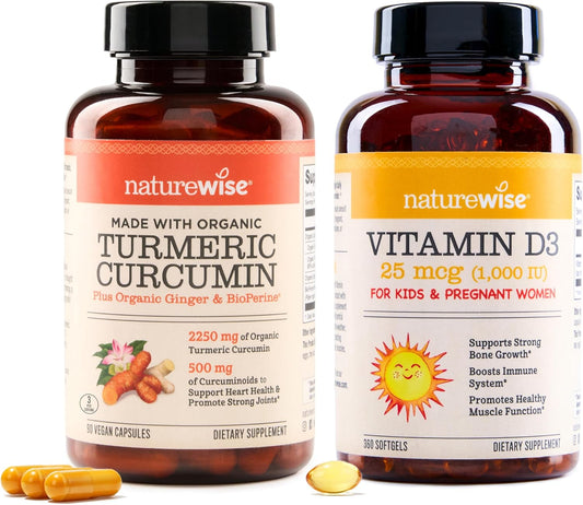 750mg Curcumin Turmeric & 1000iu Vitamin D3 Capsules for Joint, Bone, Immune Support - Available in 90 & 360 Count