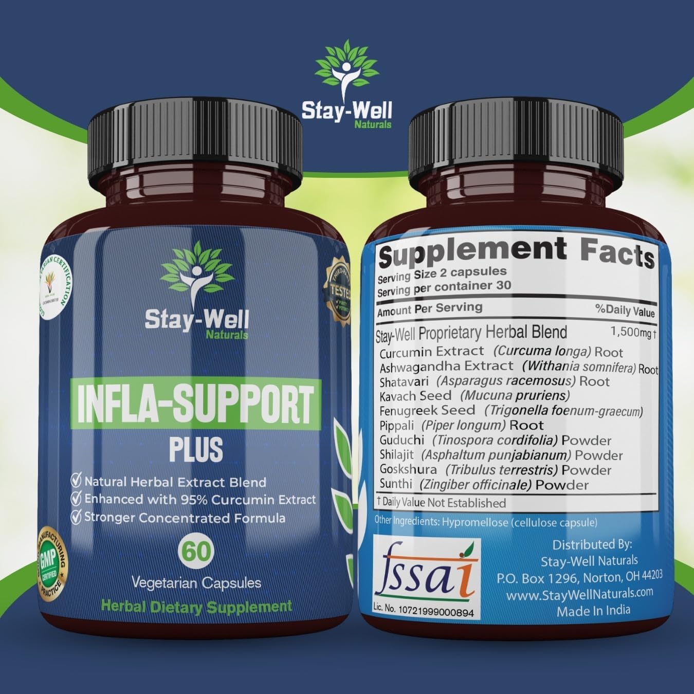 750mg Infla-Support Plus Herbal Supplement with Curcumin, Ashwagandha, Shatavari, Fenugreek - 60ct
