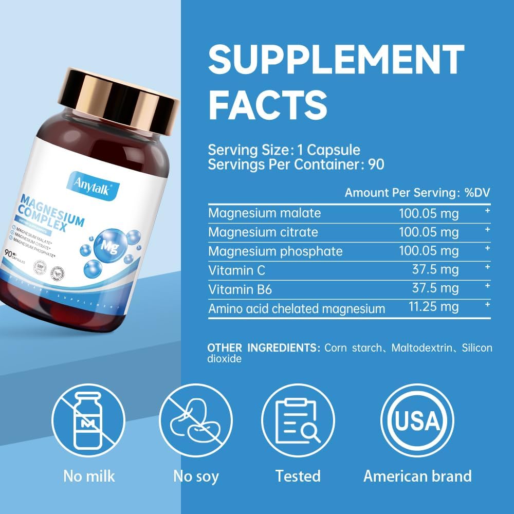 750mg Magnesium Complex Supplement - 90 Capsules, Vegetarian & Non-GMO - Gluten Free