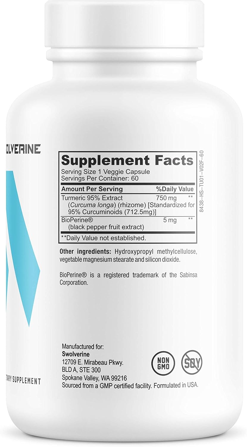 750mg Turmeric Curcumin with 95% Curcuminoids & 5mg Bioperine - 60 Servings for Enhanced Absorption