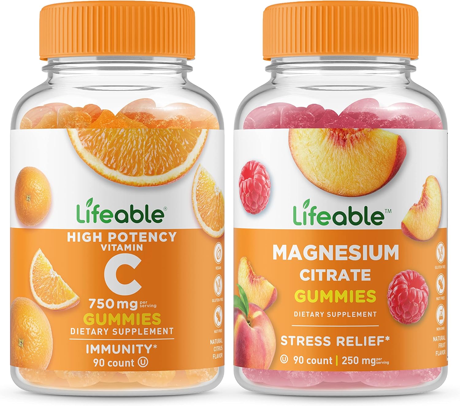 750mg Vitamin C + 85mg Magnesium Gummies Bundle - Tasty Supplement, Gluten & GMO-Free Chewables