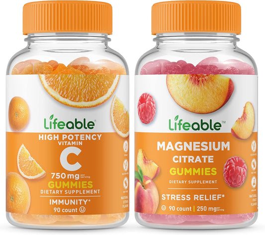 750mg Vitamin C + 85mg Magnesium Gummies Bundle - Tasty Supplement, Gluten & GMO-Free Chewables