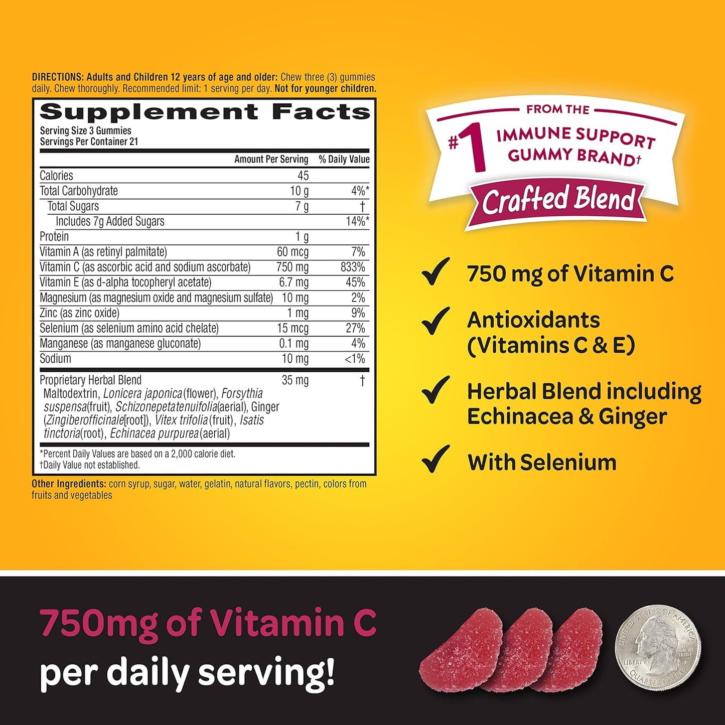 750mg Vitamin C Gummies for Adults - Immune Support Supplement with Antioxidants A, C, & E - Blueberry Pomegranate - 63 Gummies