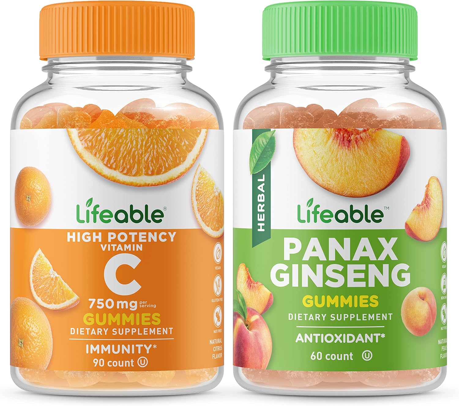 750mg Vitamin C & Panax Ginseng Gummies Bundle - Gluten & GMO Free, Chewable Vitamin Supplement - Delicious Taste