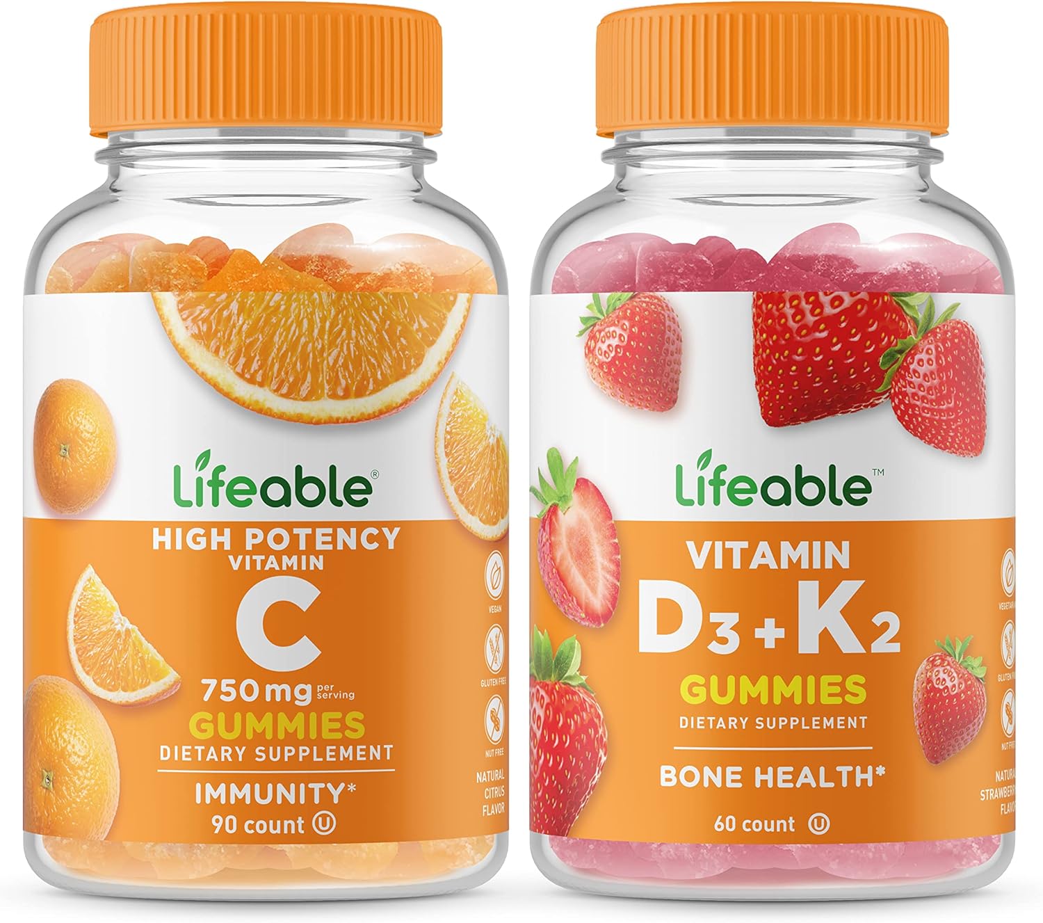 750mg Vitamin C + Vitamin D3 + Vitamin K2 Gummies Bundle - Tasty, Gluten-Free, Non-GMO Chewable Supplement