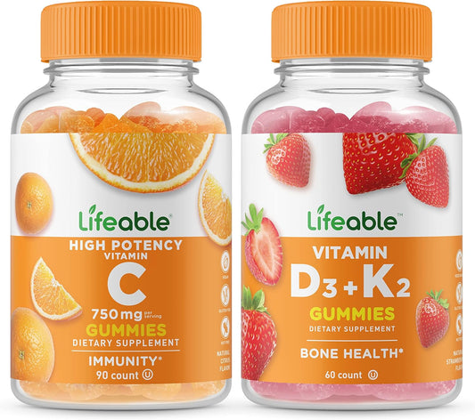 750mg Vitamin C + Vitamin D3 + Vitamin K2 Gummies Bundle - Tasty, Gluten-Free, Non-GMO Chewable Supplement