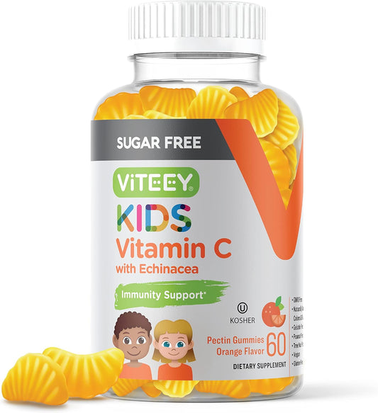 75mg Viteey Kids Vitamin C Gummies with Echinacea - Sugar Free Immune Support for Kids, Toddlers, & Teens - Vegan, Gelatin Free, Gluten Free - Orange Flavored Kids Immunity Gummy