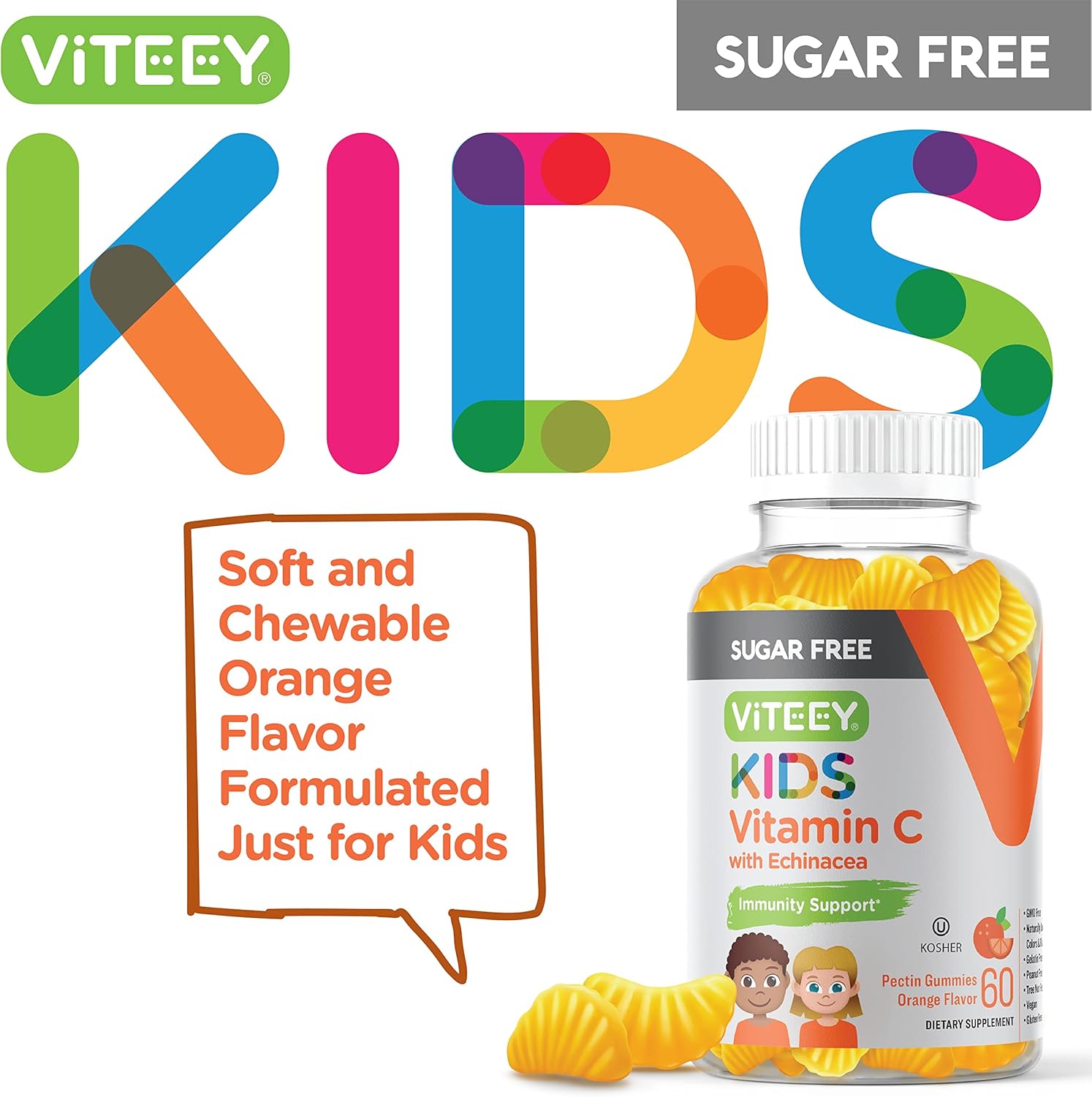 75mg Viteey Kids Vitamin C Gummies with Echinacea - Sugar Free Immune Support for Kids, Toddlers, & Teens - Vegan, Gelatin Free, Gluten Free - Orange Flavored Kids Immunity Gummy