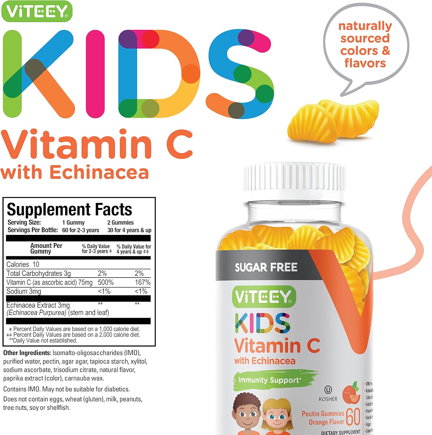 75mg Viteey Kids Vitamin C Gummies with Echinacea - Sugar Free Immune Support for Kids, Toddlers, & Teens - Vegan, Gelatin Free, Gluten Free - Orange Flavored Kids Immunity Gummy
