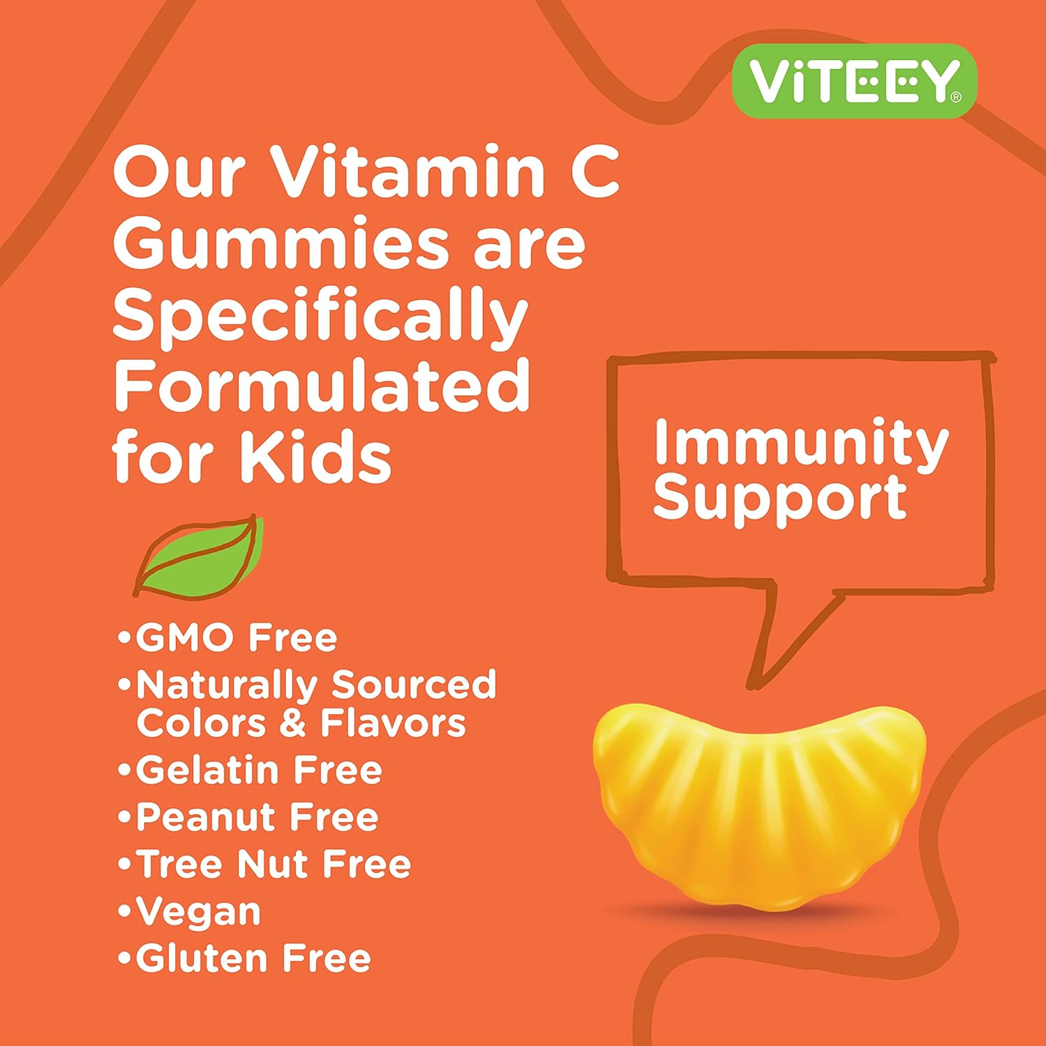 75mg Viteey Kids Vitamin C Gummies with Echinacea - Sugar Free Immune Support for Kids, Toddlers, & Teens - Vegan, Gelatin Free, Gluten Free - Orange Flavored Kids Immunity Gummy