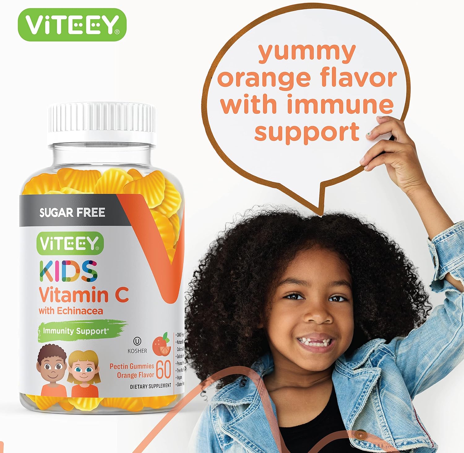 75mg Viteey Kids Vitamin C Gummies with Echinacea - Sugar Free Immune Support for Kids, Toddlers, & Teens - Vegan, Gelatin Free, Gluten Free - Orange Flavored Kids Immunity Gummy