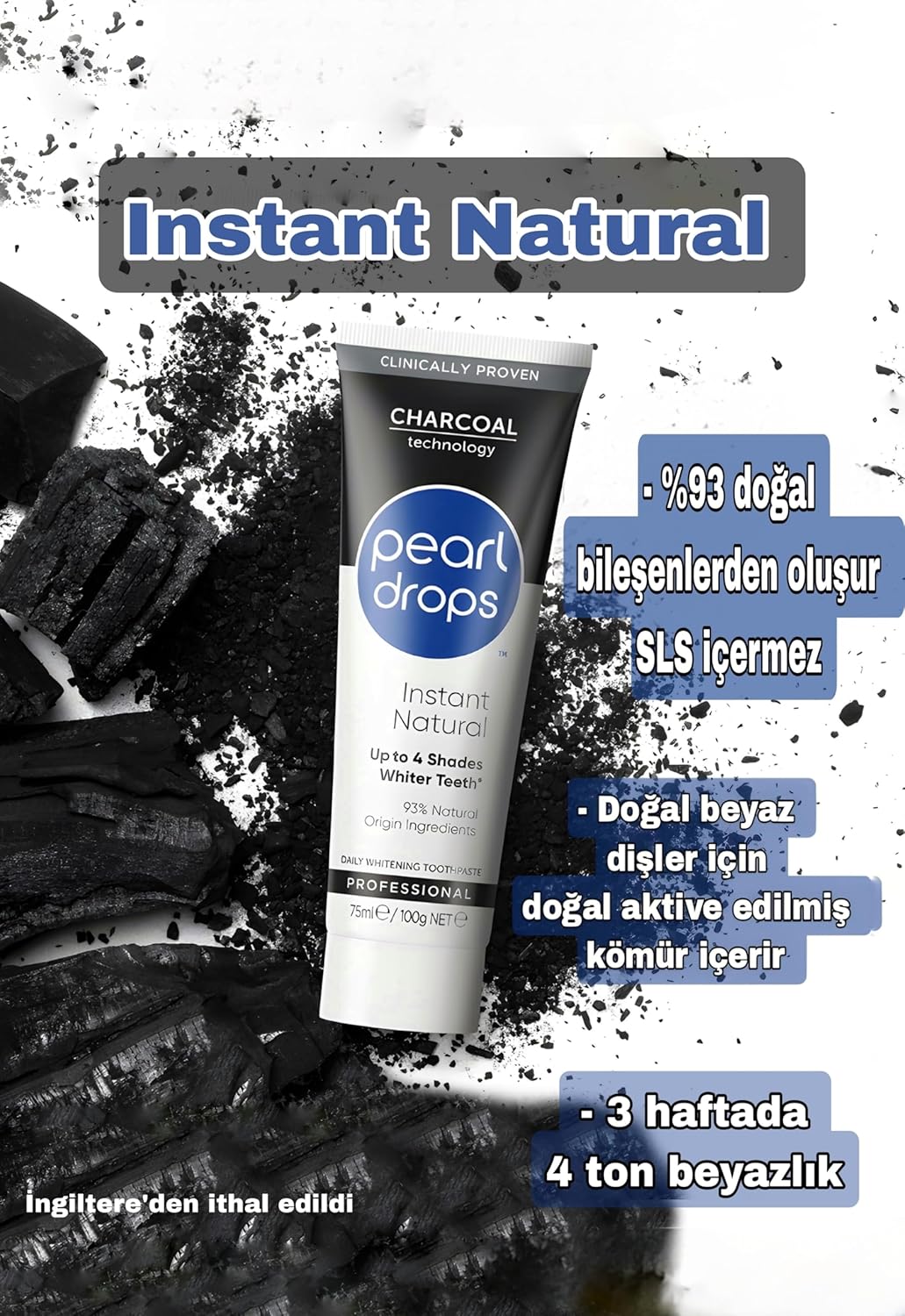 75ml Pearl Drops Instant Natural White Activated Charcoal Toothpaste