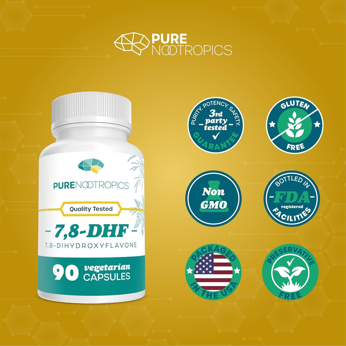 7,8-DHF Nootropic Supplement Capsules | 25 mg | 90 Veg Caps | Brain Support Vegan Pills