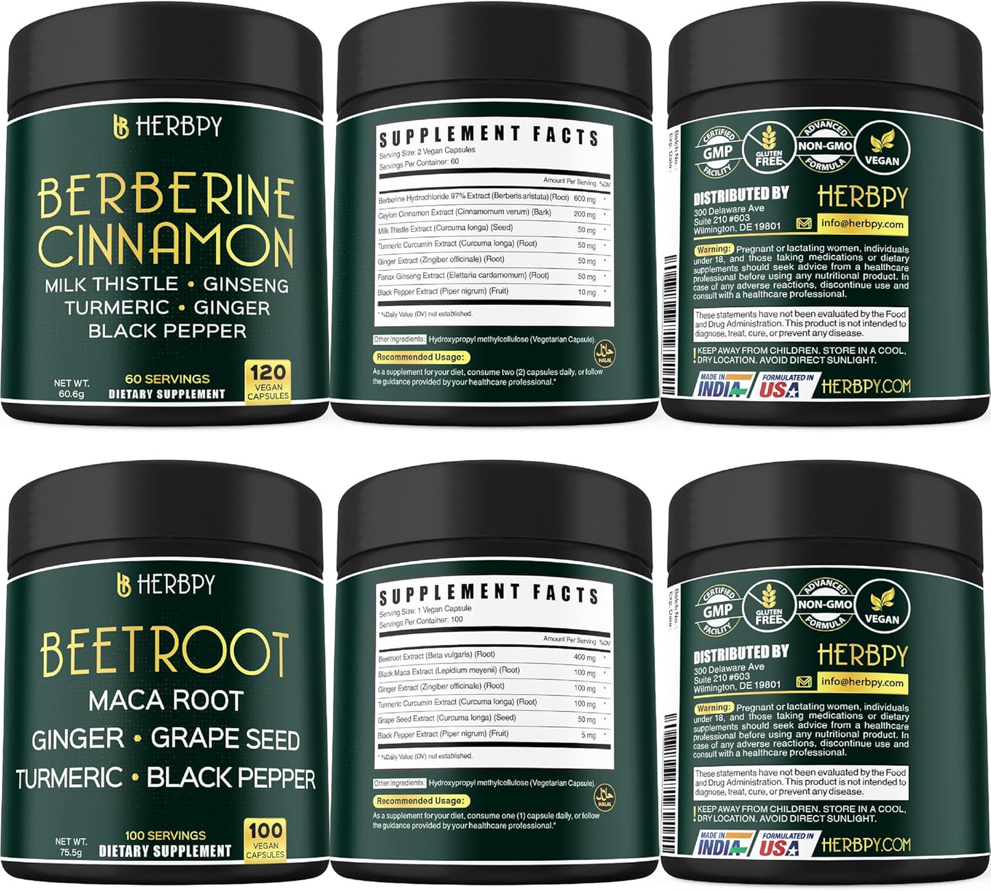 7in1 Herbpy Bundle: Berberine HCl & Beet Root Capsules for Relaxation, Immune, Digestion, and Heart Health