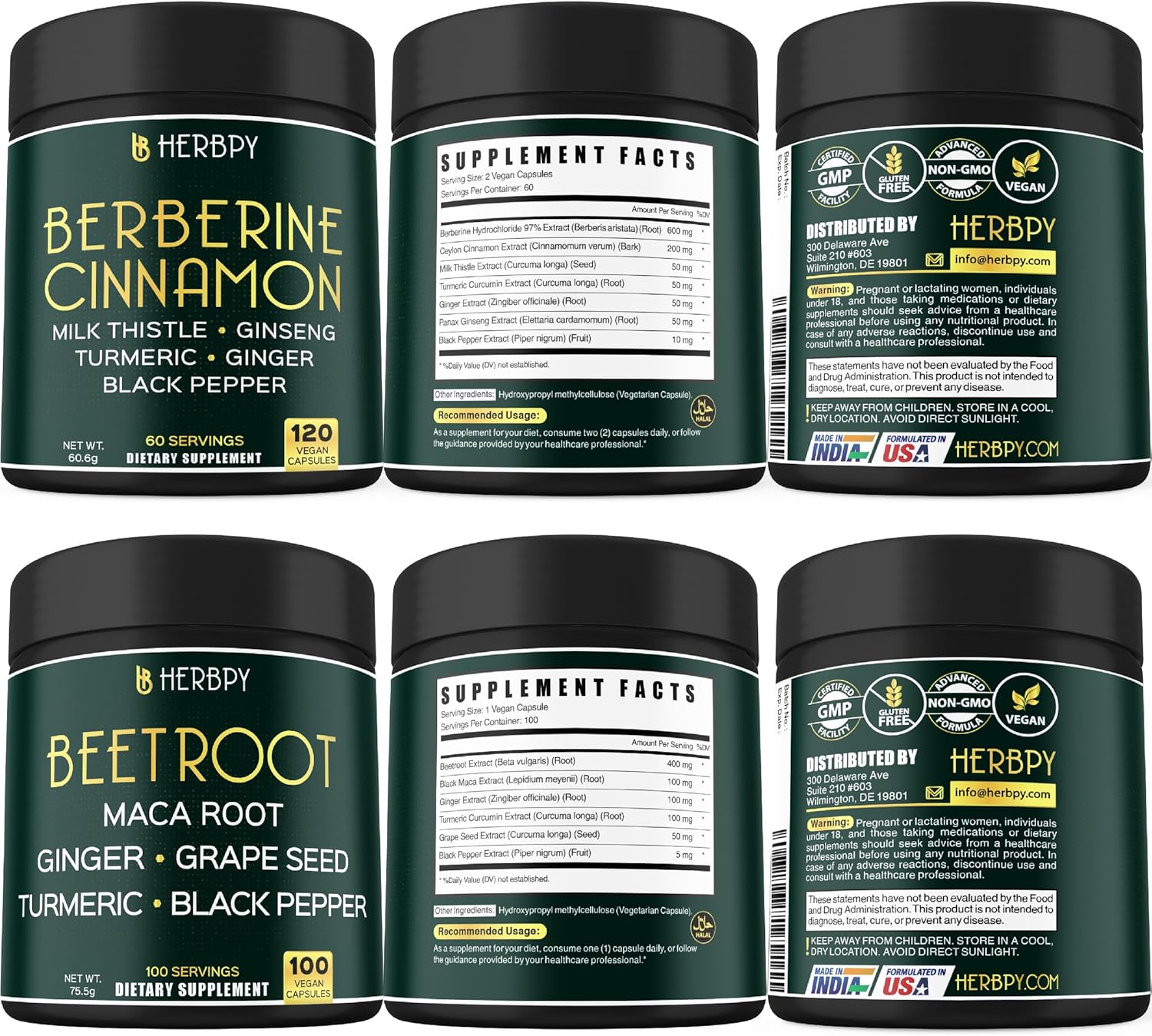 7in1 Herbpy Bundle: Berberine HCl & Beet Root Capsules for Relaxation, Immune, Digestion, and Heart Health