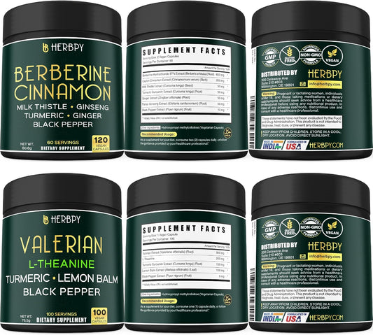 7in1 Herbpy Bundle: Berberine HCl & Valerian Root Supplement for Heart Health, Immune Support, Digestion, Relaxation