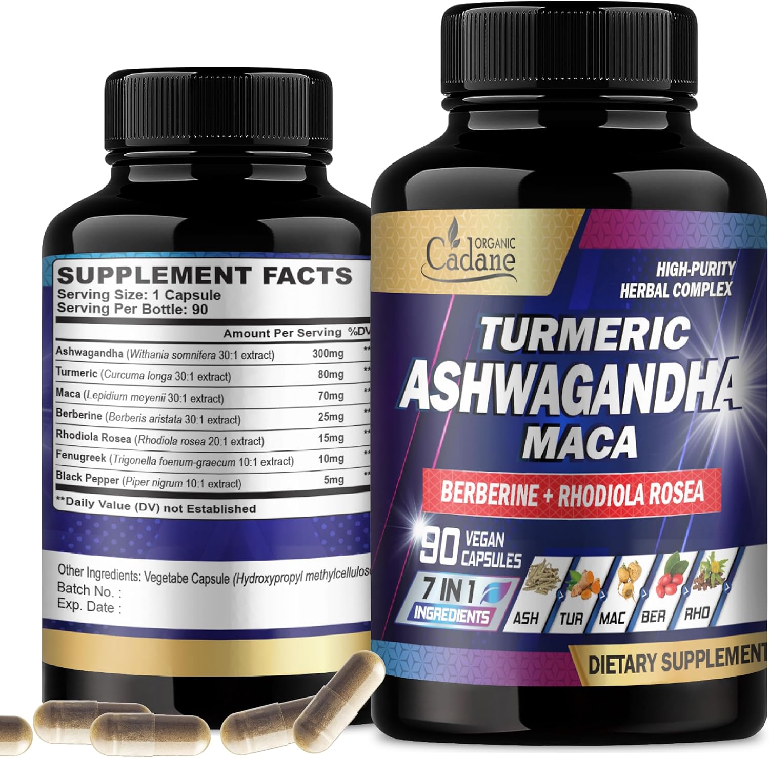 7in1 Organic Cadane Ashwagandha Supplement for Memory, Immune System, and Strength - Enhanced with Turmeric, Maca Root, Berberine - 90 Vegan Capsules