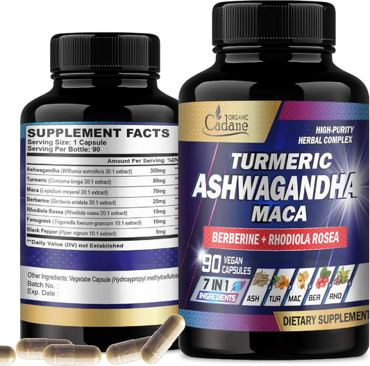 7in1 Organic Cadane Ashwagandha Supplement for Memory, Immune System, and Strength - Enhanced with Turmeric, Maca Root, Berberine - 90 Vegan Capsules