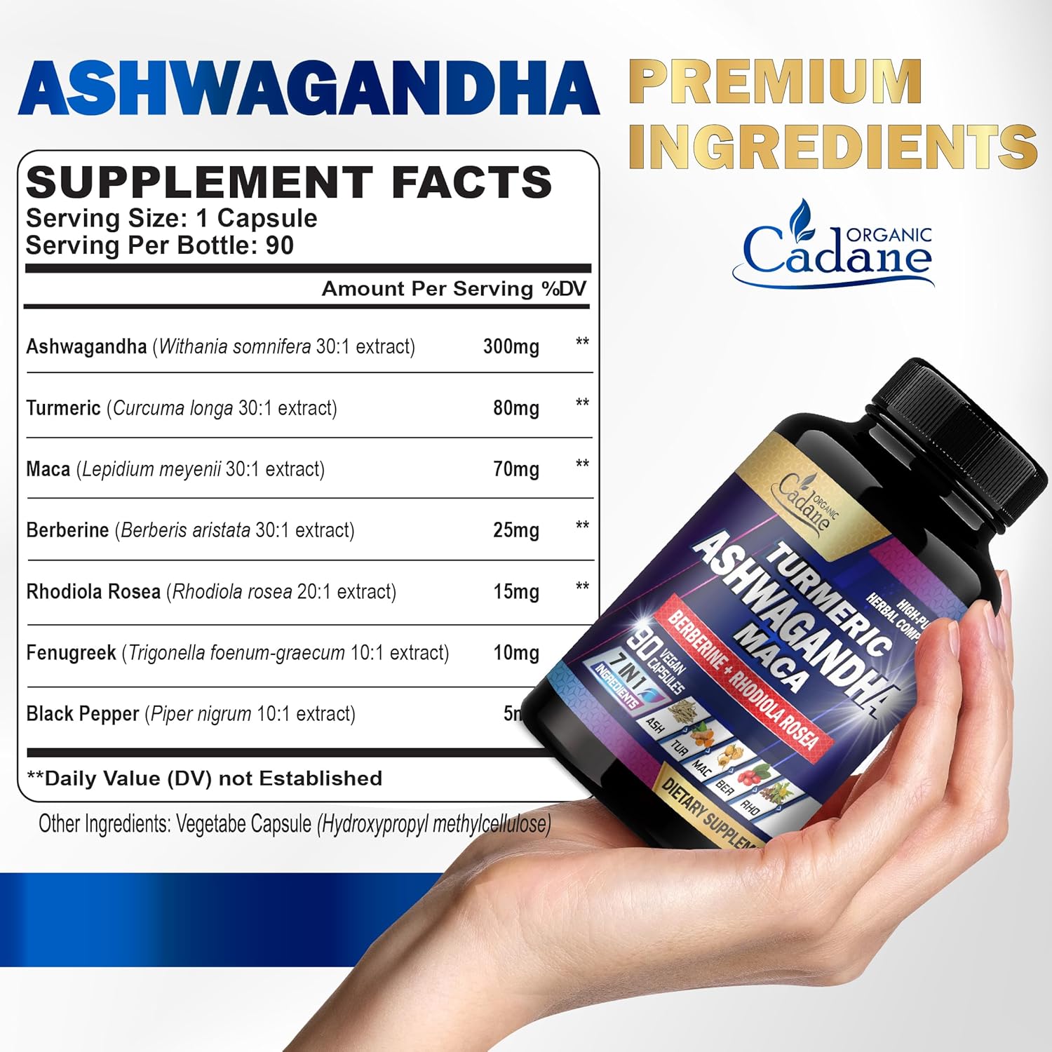 7in1 Organic Cadane Ashwagandha Supplement for Memory, Immune System, and Strength - Enhanced with Turmeric, Maca Root, Berberine - 90 Vegan Capsules